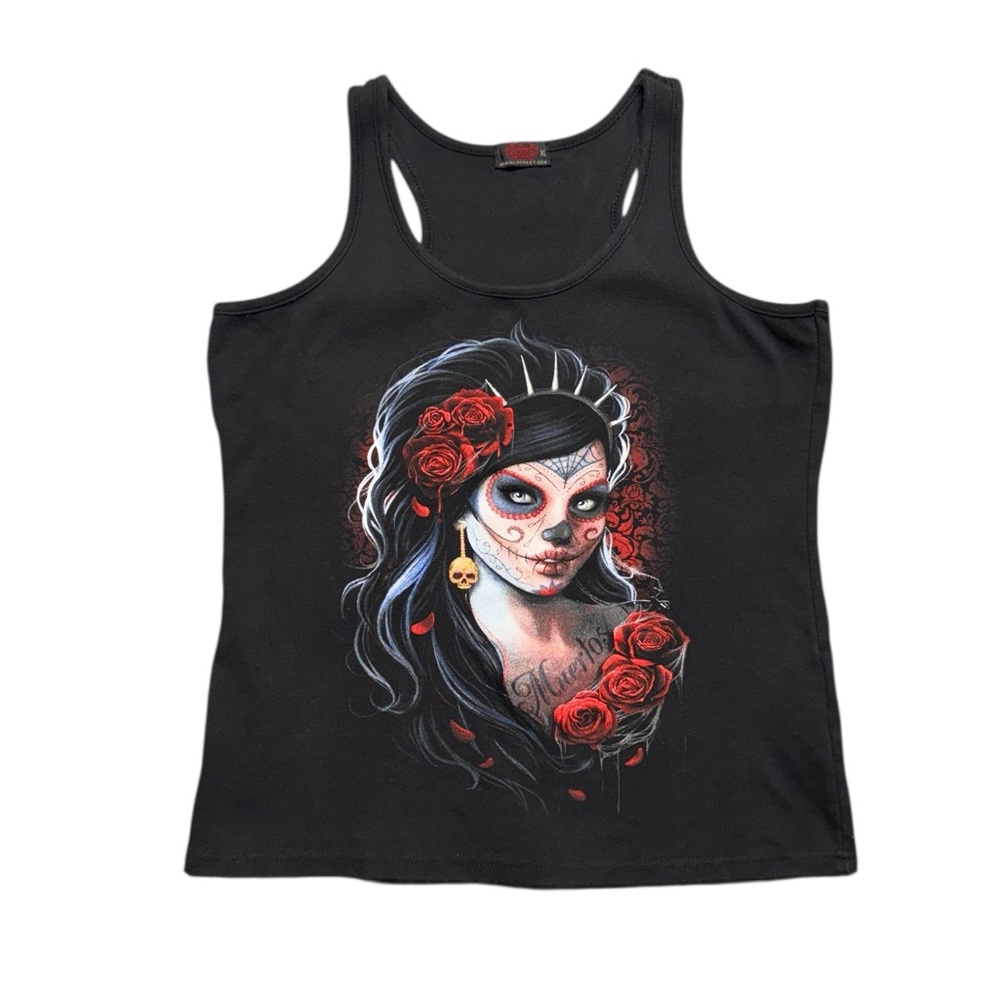Spiral Day Of‎ The Dead Tank Top Womens Sz XL Black Y2K Skulls Roses Grunge Goth